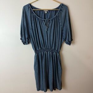 Falls Creek Blue Puff Sleeve Dress Blue XL elastic waist pockets 100% Cotton